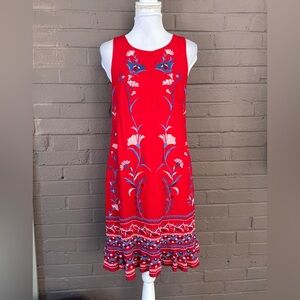 Anthropologie Red Floral Embroidered Linen Blend Dress M